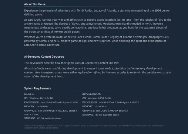 Tomb Raider: Legacy of Atlantis PC system requirements are out, and Denuvo DRM is confirmed ahead of its 2027 launch 2