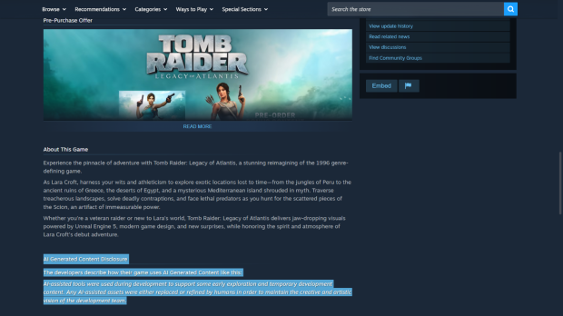 The new Tomb Raider: Legacy of Atlantis has an AI disclaimer on its Steam page 2