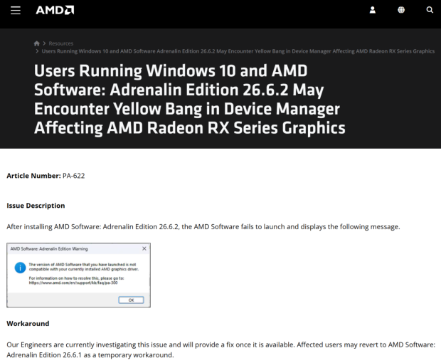 AMD confirms Adrenalin 26.6.2 driver fails to launch on Windows 10, recommends rolling back 2