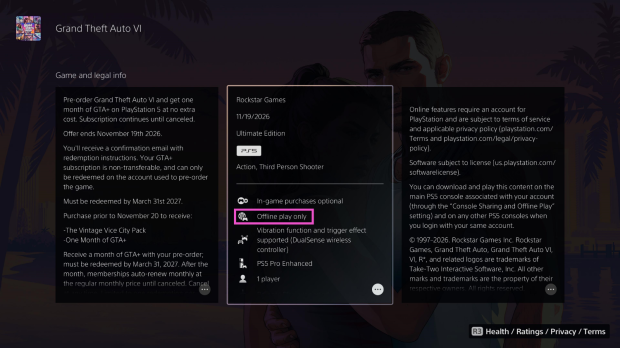 GTA 6 listed as 'offline play only' on console PlayStation Store, 'offline play enabled' on other Sony portals 2