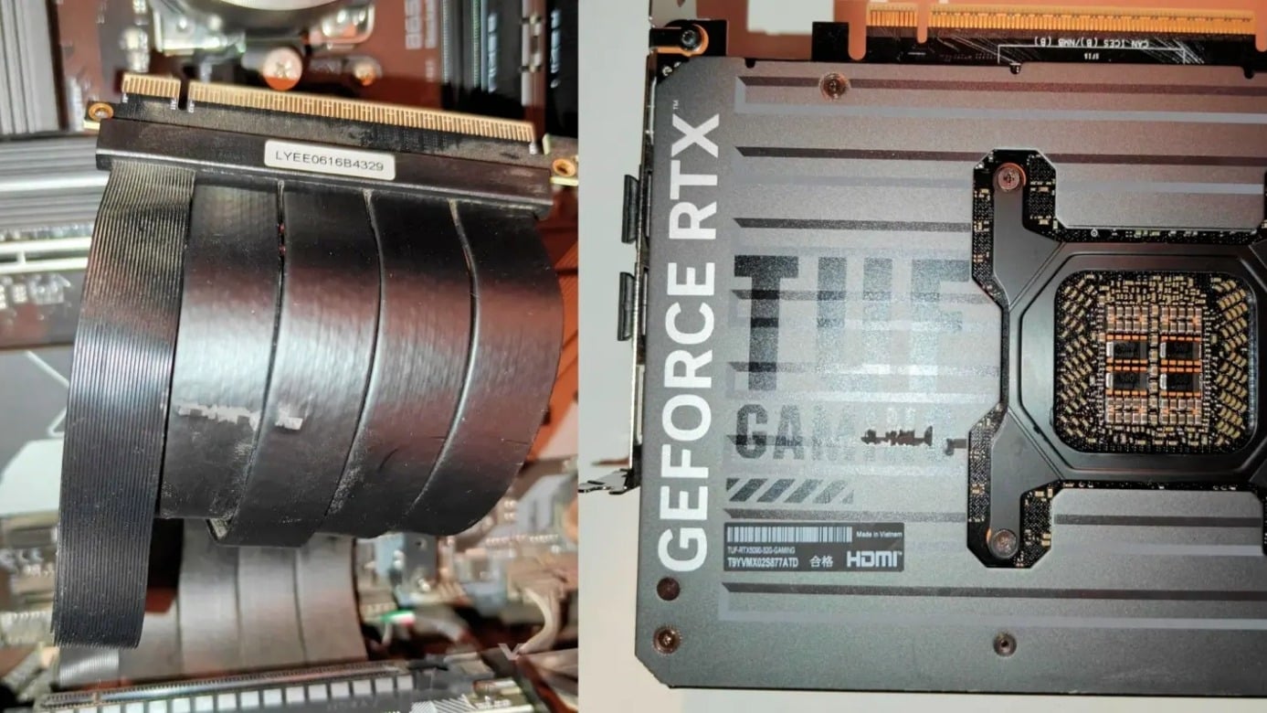RTX 5090 backplate melts the insulation off a PCIe riser cable in a vertical mount setup