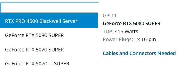 RTX 5080 Super appears in Seasonic PSU calculator with 24GB GDDR7 and 415W TDP 1
