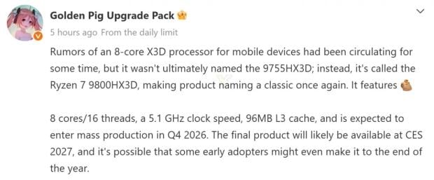 AMD is preparing the 8-core Ryzen 7 9800HX3D CPU for laptops with 96MB L3 cache 2