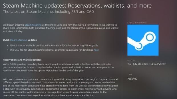 Valve officially announces FSR 4.1 support for the Steam Machine through Proton Experimental 2