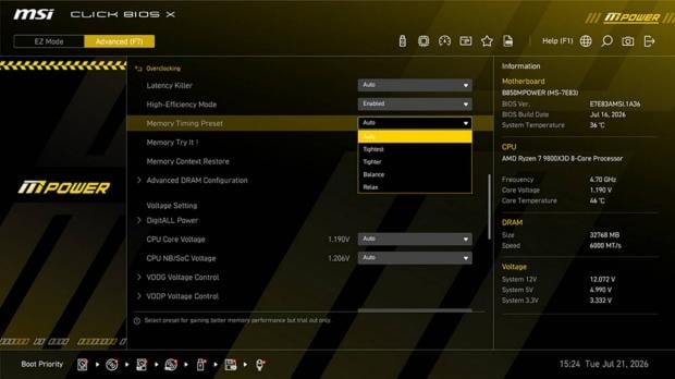 MSI adds a BIOS toggle to tighten standard DDR5 timings closer to EXPO ULL kits 3