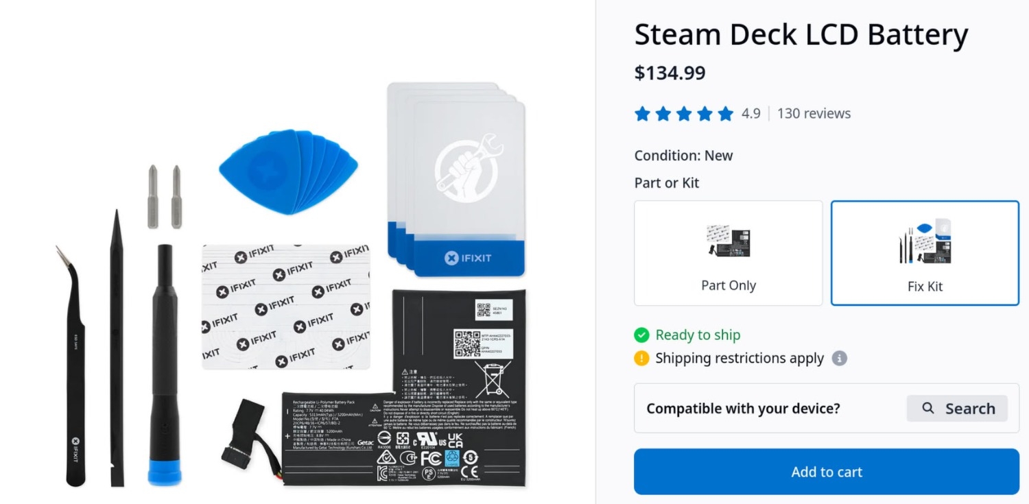 Steam Deck LCD battery returns to iFixit, but costs $50 more now