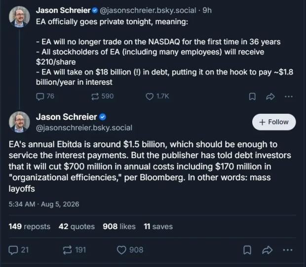 EA will be considering 'mass layoffs' soon after going private 1