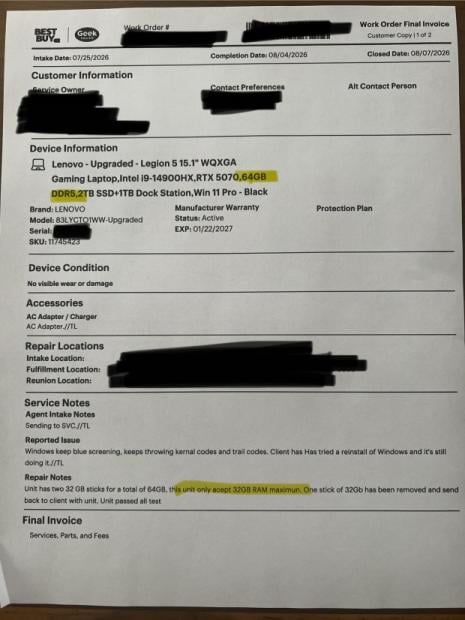 Redditor sends a gaming laptop with 64GB RAM for repair, comes back with 32GB RAM 1