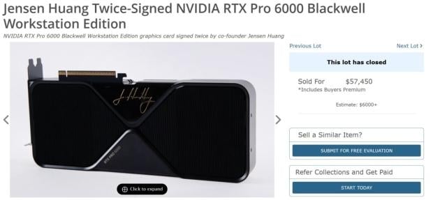 Jensen Huang signed NVIDIA RTX Pro 6000 graphics card sells for $57,450 at auction 6