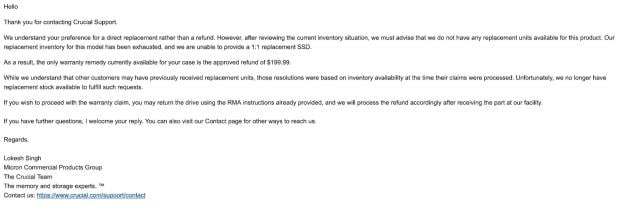 Crucial backs down after strong backlash, replaces Redditor's broken 4TB SSD after originally offering just a $200 refund 3