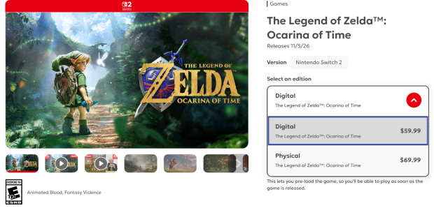 Ocarina of Time remake digital is $10 cheaper than physical, eShop purchase is $60 compared to $70 cartridge 2