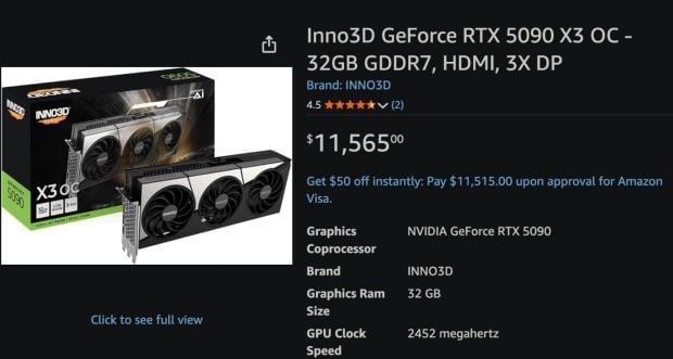 Дефицит GeForce RTX 5090 привел к росту цен выше 10 000 долларов Видеокарта GeForce RTX 5090 на полке магазина
