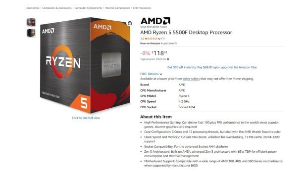 AMD Ryzen 5 5500F and 7500 are finally available in the US, but Amazon prices are $20 over MSRP 1