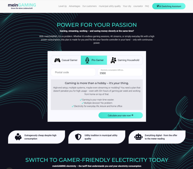 meinGAMING website shows a gamer electricity plan calculator with Casual Gamer, Pro Gamer, and Gaming Household options.