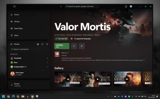 Xbox PC app open to the Valor Mortis game page, with an Install button, game details, gallery thumbnails, and navigation sidebar visible.