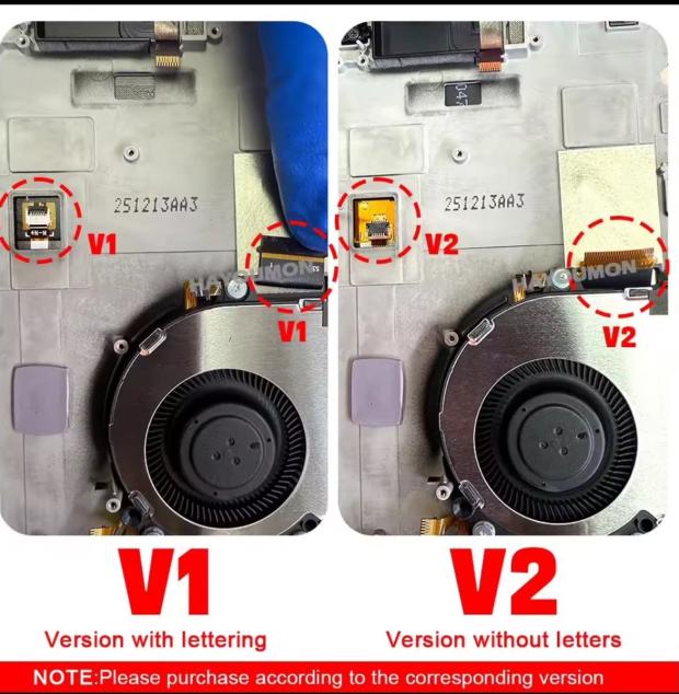 Side-by-side comparison of V1 and V2 handheld console cooling fan assemblies, with red circles highlighting differences in their connectors and ribbon cables.