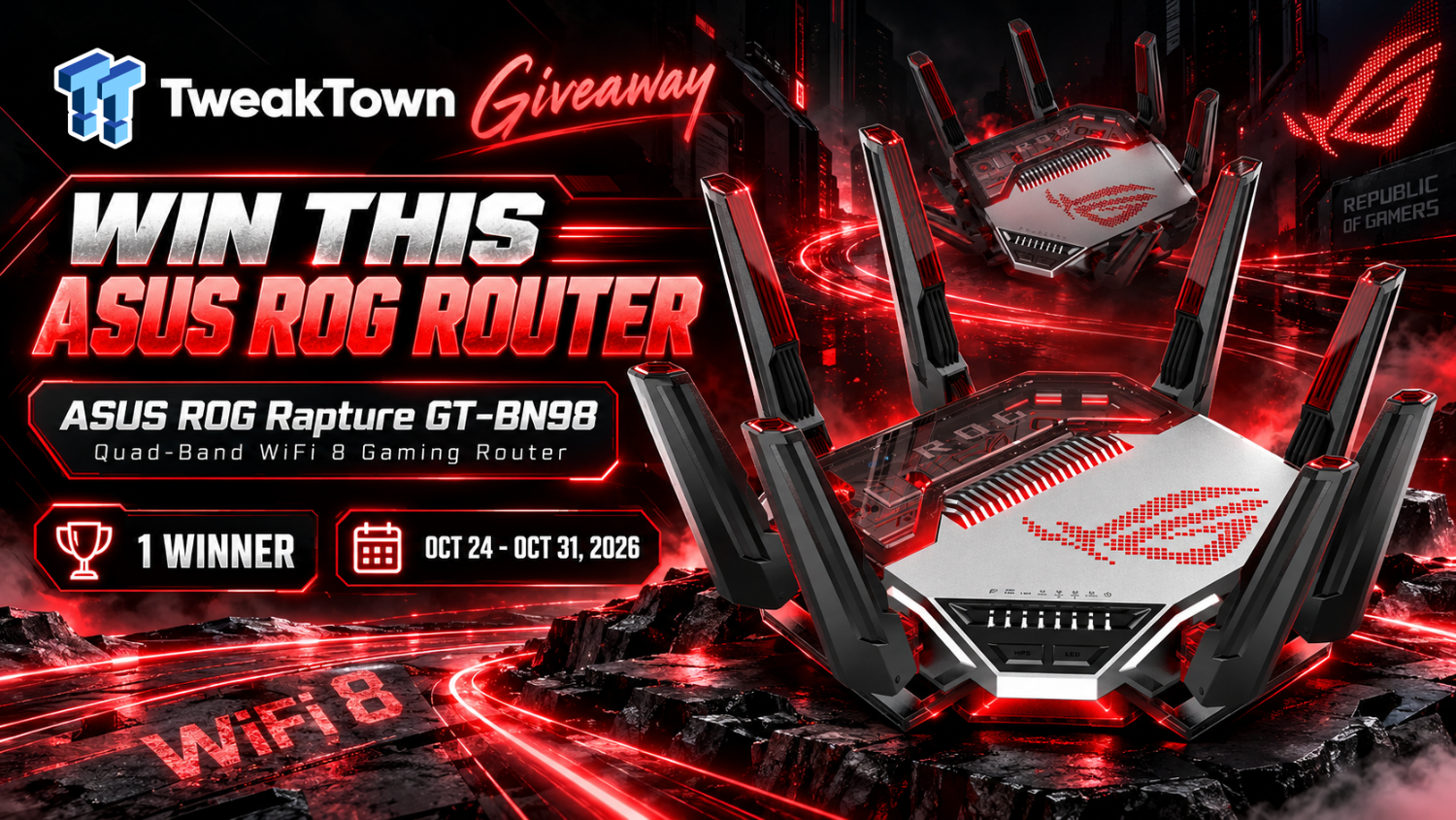 Giveaway: Win an ASUS ROG Rapture GT-BN98 Quad-Band WiFi 8 Gaming Router
