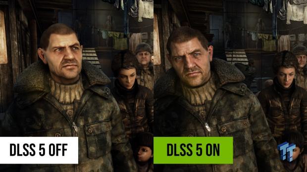 Side-by-side Metro 2033 Redux comparison labeled DLSS 5 off and on, showing a man in a heavy coat with more detailed facial lighting on the right.