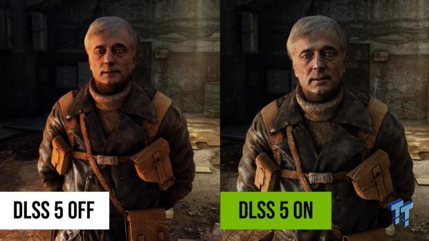 Side-by-side Metro 2033 Redux character screenshots labeled “DLSS 5 OFF” and “DLSS 5 ON,” showing changes to the man's face and clothing.