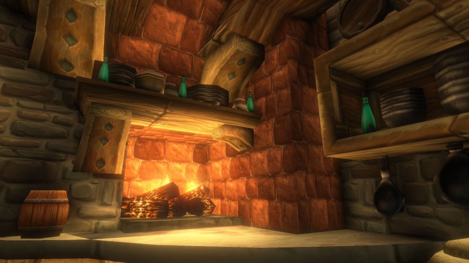 Photo: TweakTown A glowing fireplace inside a rustic fantasy building, with wooden shelves, barrels and green bottles