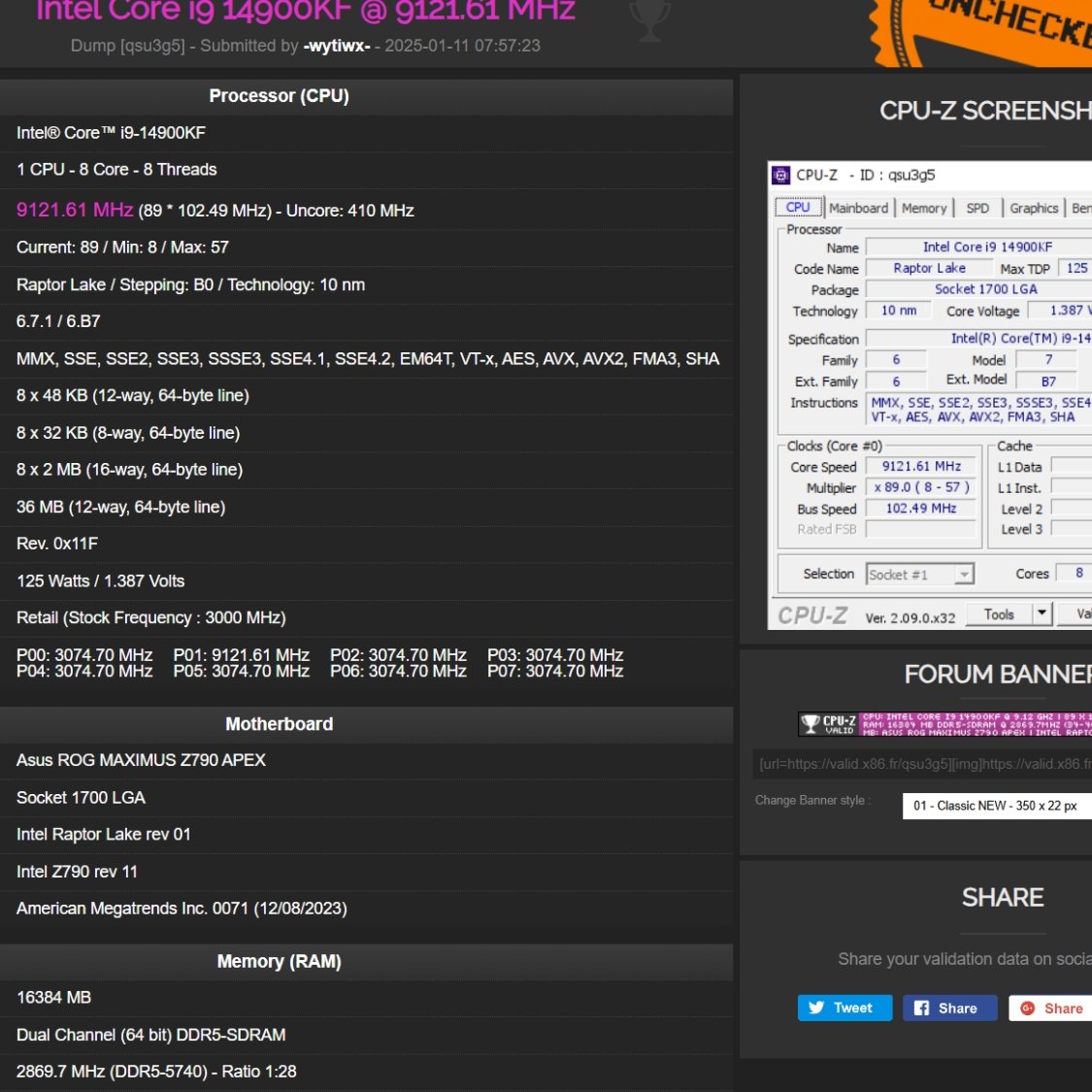 Intel Core i9-14900KF overclocked to 9.12GHz: new OC world