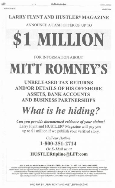 Hustler founder, Larry Flynt, offers $1 million reward for Mitt Romney's tax information 08 Hustler founder, Larry Flynt, offers $1 million reward for Mitt Romney's tax information 08