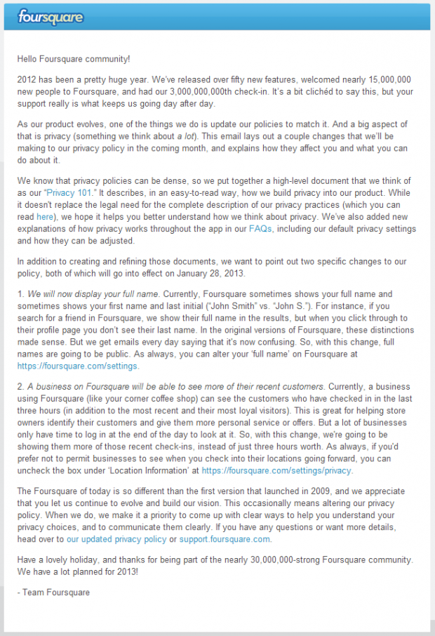 Open enlarged image Foursquare talks about up dated privacy policies for 2013 | TweakTown.com