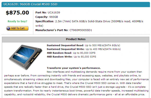 Open enlarged image Crucial's 960GB M500 SSD spotted on e-tailer website | TweakTown.com