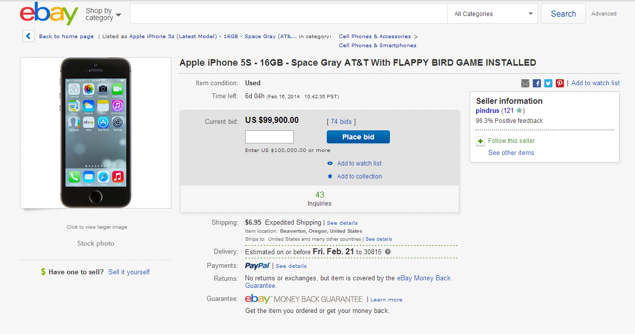 iPhone 5's loaded with Flappy Bird auctioning for $100k on eBay