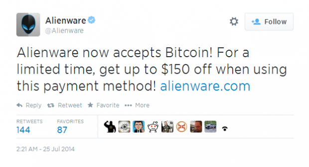 Alienware announces it now accepts bitcoin as payment, offers $150 off | TweakTown.com