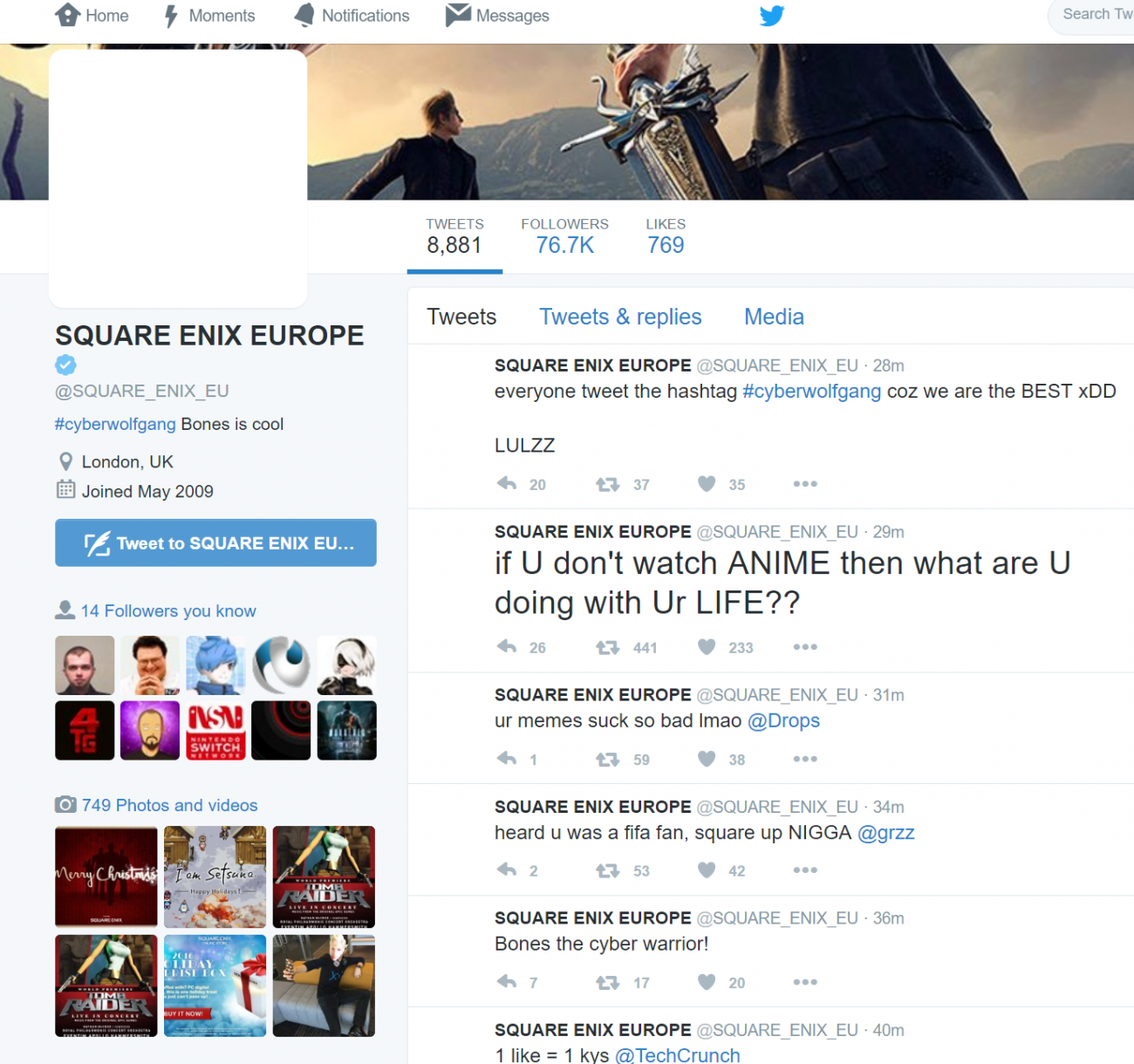 Square Enix recovers Twitter account following a hack earlier this