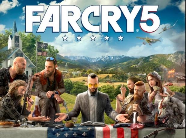 Far Cry 5 box art shows villains, airplanes, and chaos