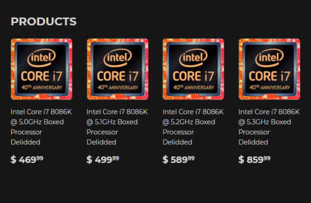 Intel Core i7-8086K binned/delidded CPUs: 6C/12T at 5.3GHz