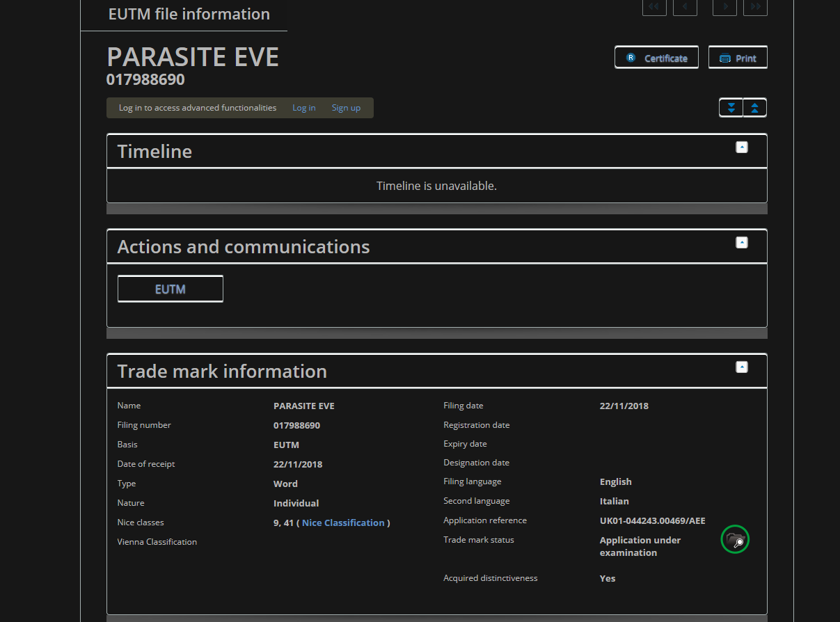 New Parasite Eve trademark filed by Square Enix