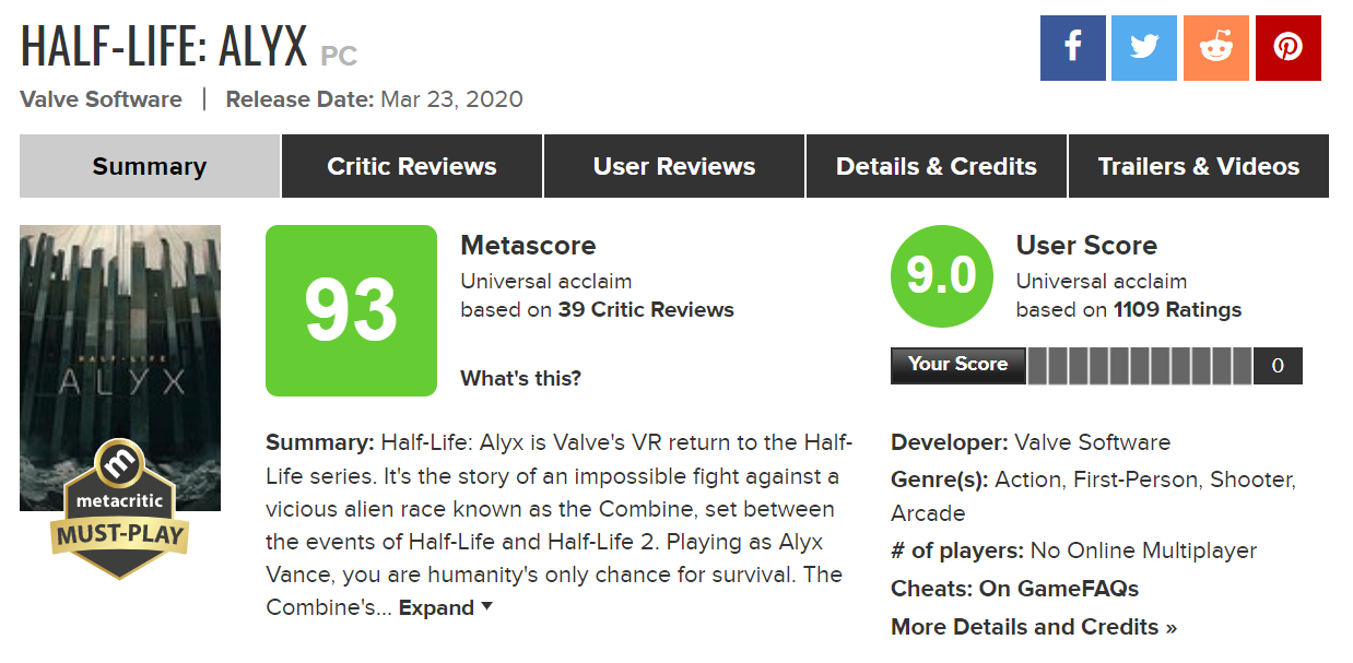 Is this game better than Half-Life according to Metacritic.com?