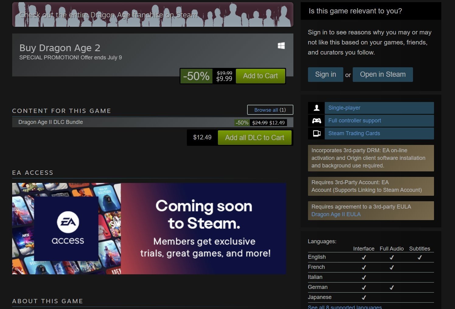 EA Play Steam tem aproximadamente 80% menos jogos do que EA Play Origin