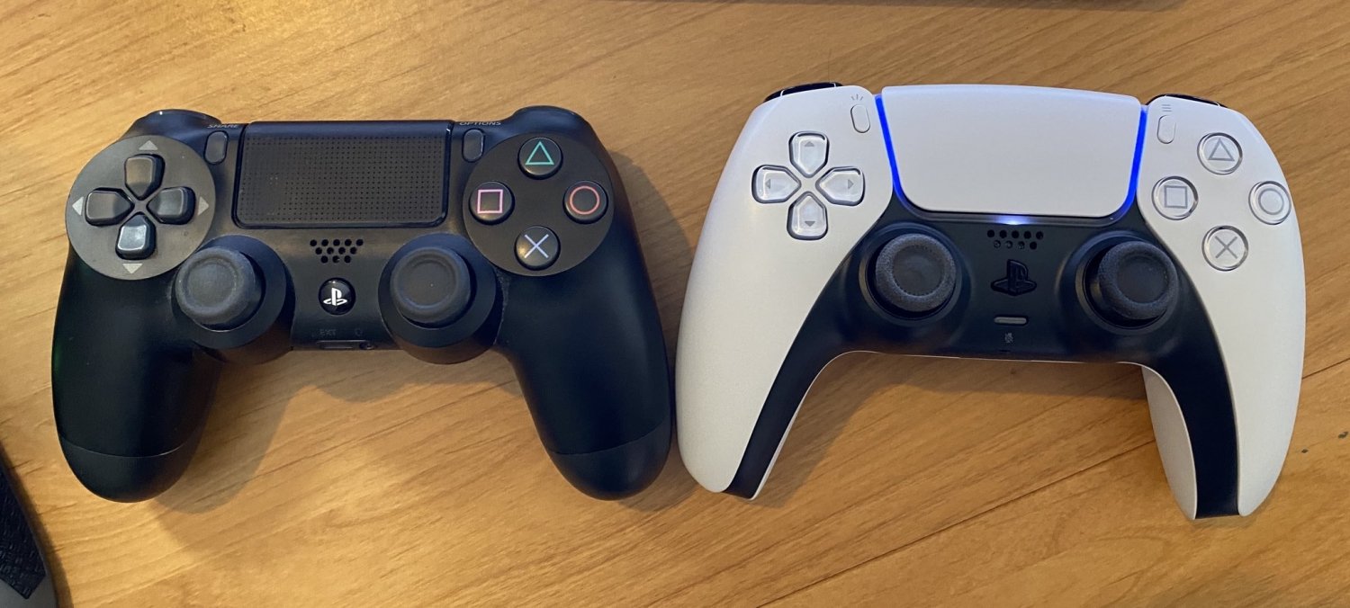 PlayStation 5 DualSense vs PS4 DualShock side-by-side size comparison