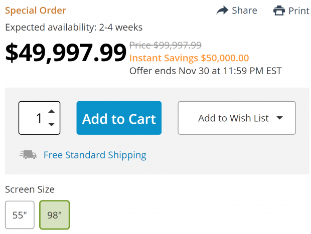 Open enlarged image Samsung's 98-inch 8K TV is $50,000 off right now, down from $100,000