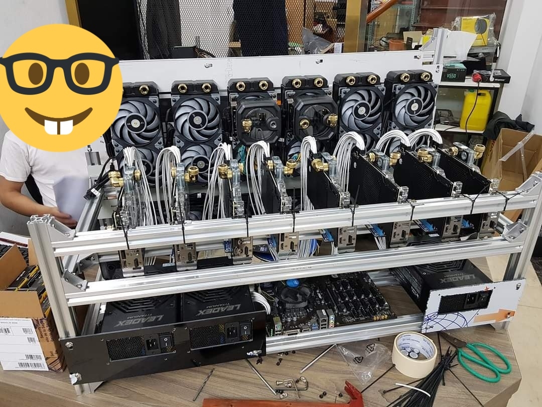 10 x GeForce RTX 3090 cards liquid + mineral oil cooled crypto rigs