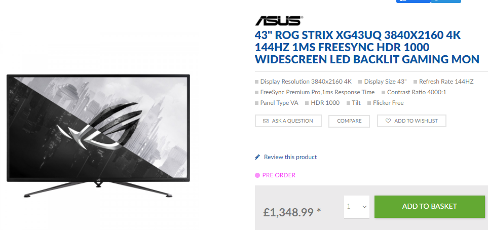  ASUS 43 4K 144Hz 1ms Gaming Monitor - ROG Strix, HDR1000,  FreeSync Premium Pro : Electronics