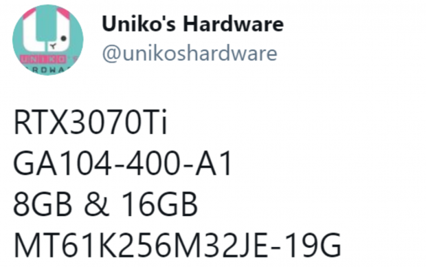 Open enlarged image NVIDIA GeForce RTX 3070 Ti rumored with 8GB, 16GB GDDR6X variants