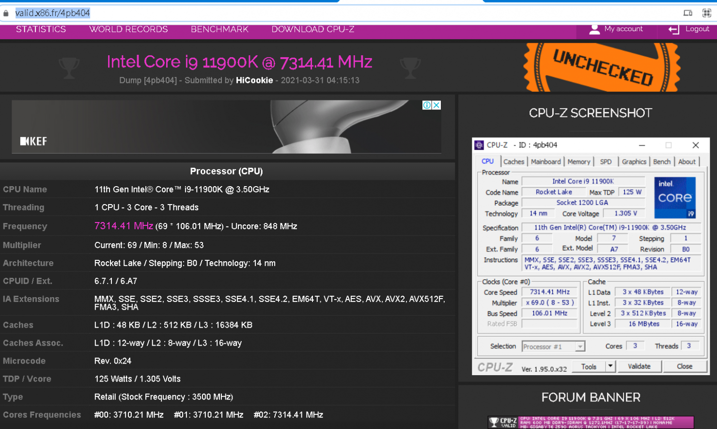 GIGABYTE Z590 AORUS TACHYON + Core i9-11900K = over 7.3GHz OC