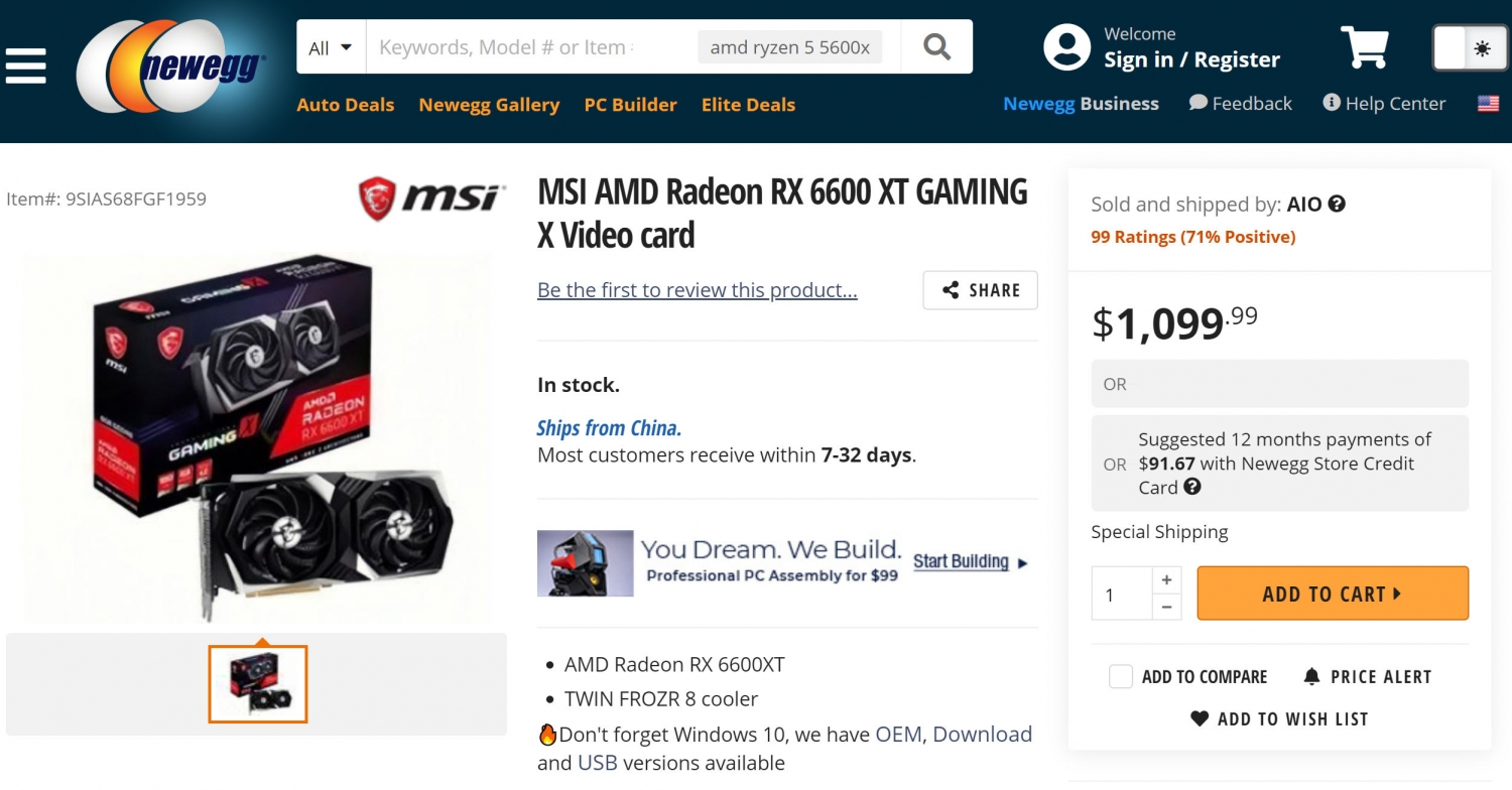 MSI Radeon RX 6600 XT on Newegg for $1100, should be ...