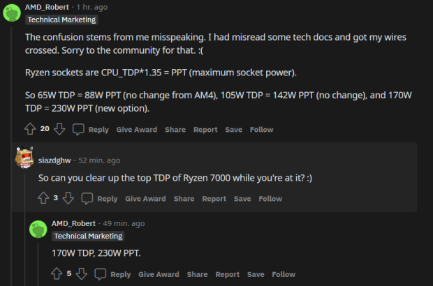 AMD corrects Ryzen 7000 series CPU power numbers 170W TDP 230W PPT