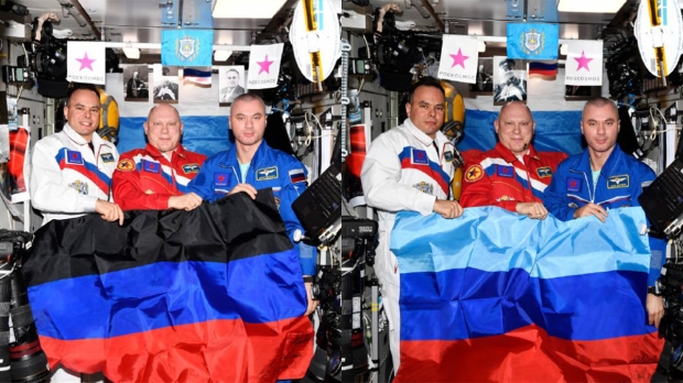 Open enlarged image Cosmonauts use space station to display 'anti-Ukraine propaganda'