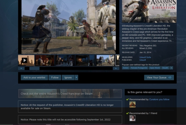 Assassin's Creed 3 Delisted From Steam and Uplay