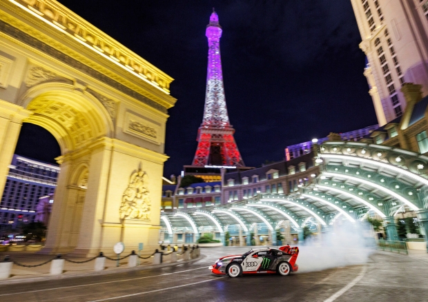 Rally driver Ken Block tears up Las Vegas in an electric Audi S1 Hoonitron 06