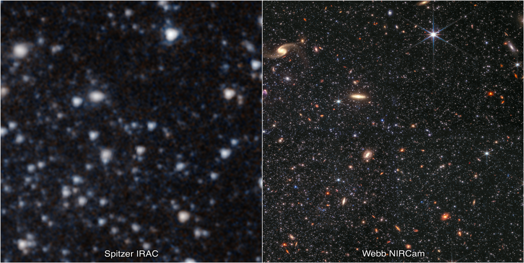 TweakTown Enlarged Image - Spitzer Space Telescope's Infrared Array Camera (left) and the James Webb Space Telescope's Near-Infrared Camera (right) of the dwarf galaxy Wolf-Lundmark-Melotte (WLM)