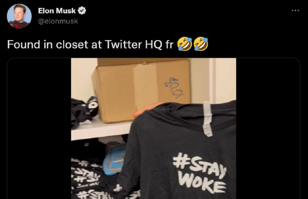 Elon Musk posts video showing Twitter has a closet full of '#staywoke' t-shirts