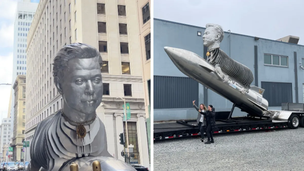 $600k statue of Elon Musk's head on the body of a goat straddling a rocket fails